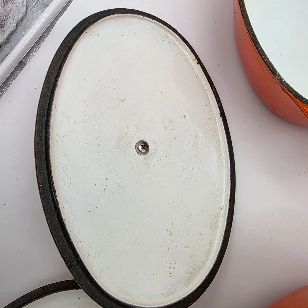 Vintage Unbranded #16 Pan, skillet, Casserole Flame Orange Enamel Cast Iron 70s?